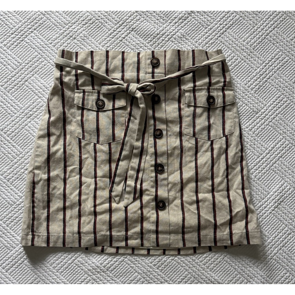 Blu Pepper Size Large Skirt Tie Waist Button Front Striped Mini Pockets Normcore